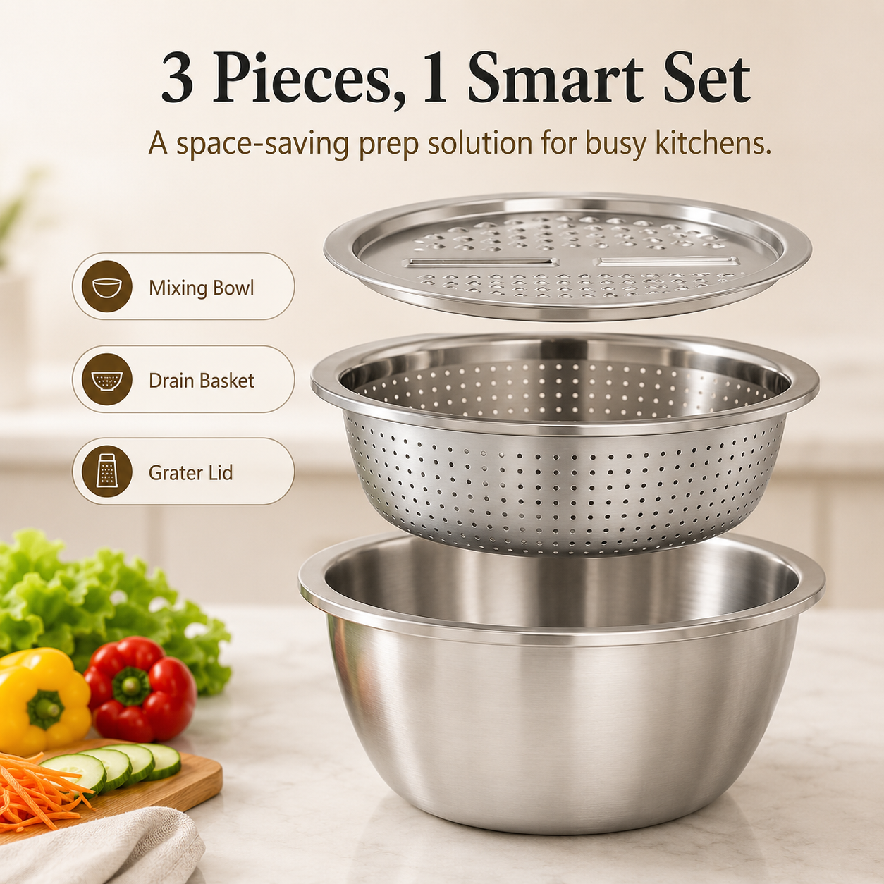 3-in-1 Multifunction Kitchen Strainer Set – Stainless Steel Wash, Drain & Slice Bowl for Fruits, Vegetables & Rice