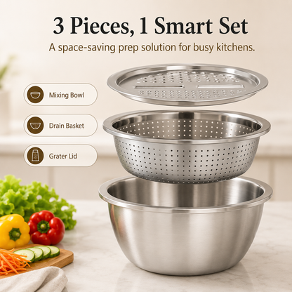 3-in-1 Multifunction Kitchen Strainer Set – Stainless Steel Wash, Drain & Slice Bowl for Fruits, Vegetables & Rice