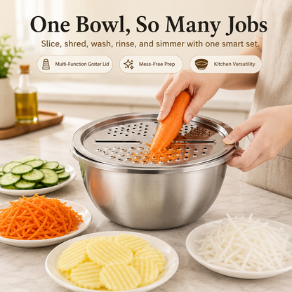 3-in-1 Multifunction Kitchen Strainer Set – Stainless Steel Wash, Drain & Slice Bowl for Fruits, Vegetables & Rice