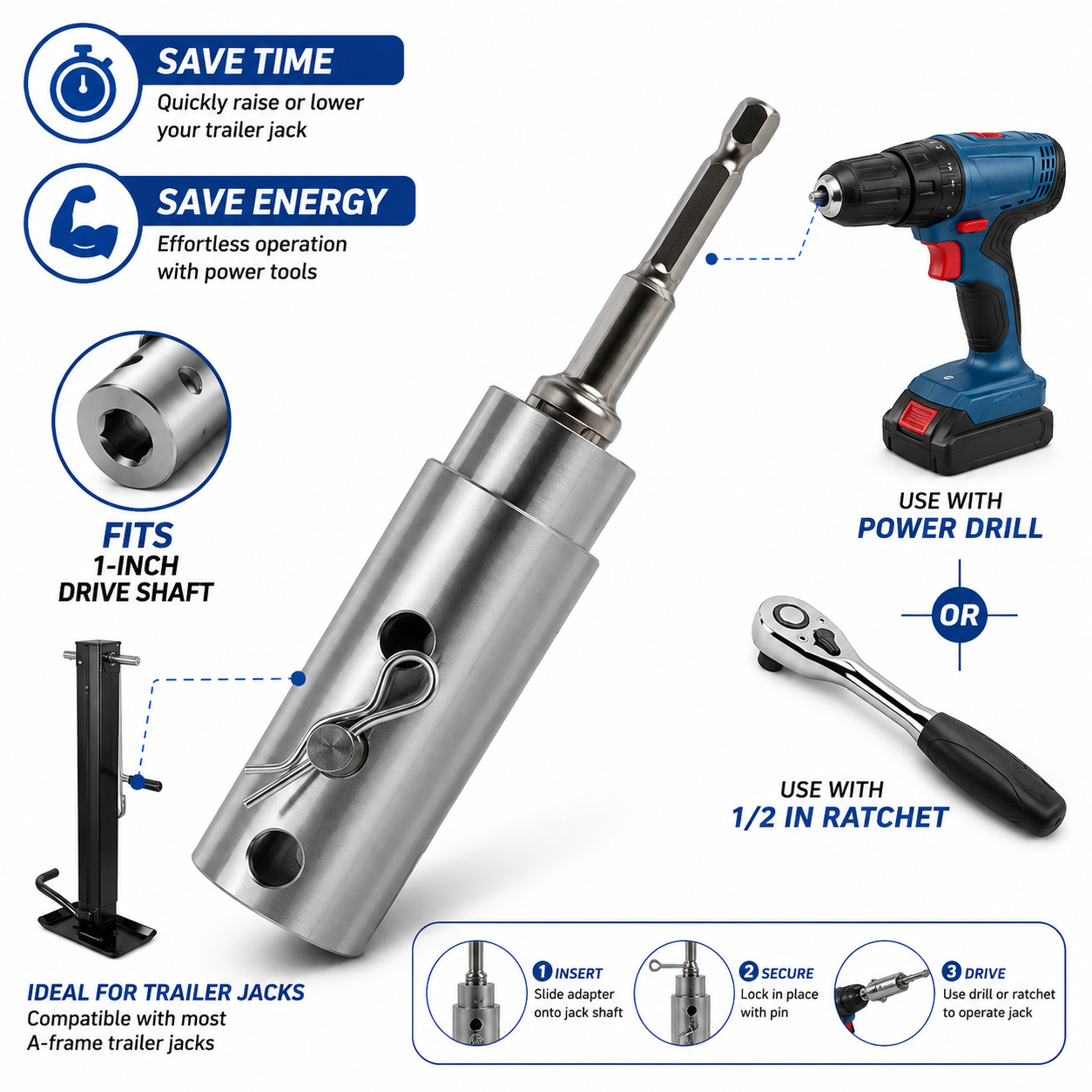 🛠️⚡ Trailer jack drill adapter, compatible with 1-inch drive shaft, Turbo