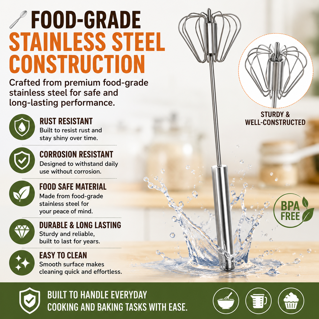 🥄✨ Stainless Steel Hand-Push Rotary Whisk – Effortless Mixing in Seconds!（2 PCS）