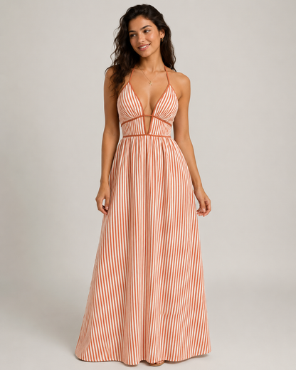 Women’s French Striped Halter Maxi Dress – Deep V-Neck Summer Vacation Dress
