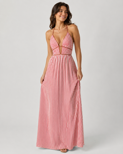 Women’s French Striped Halter Maxi Dress – Deep V-Neck Summer Vacation Dress