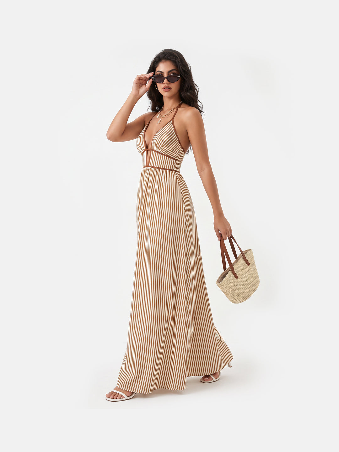 Women’s French Striped Halter Maxi Dress – Deep V-Neck Summer Vacation Dress