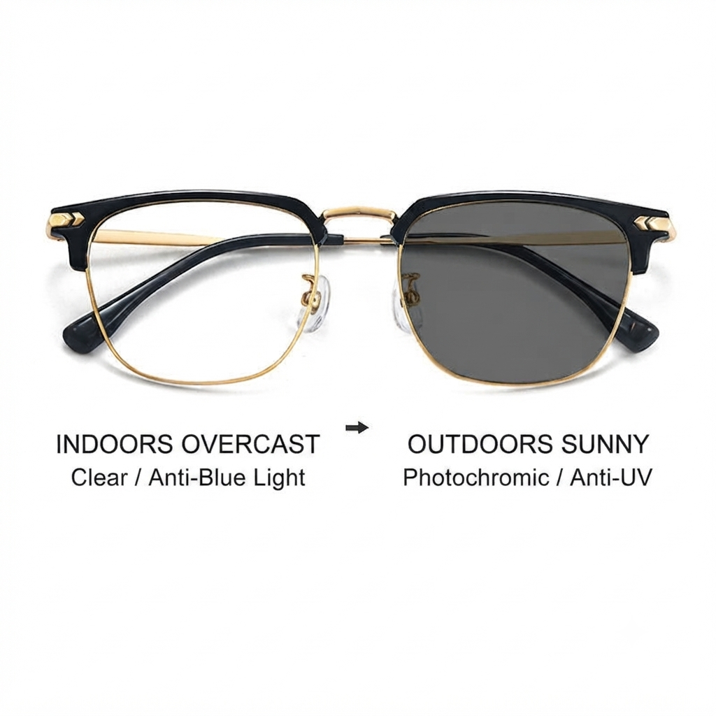 ✨ Photochromic Reading Eyewear – Square Browline Alloy Frame, Black/Gold, Outdoor Tint Shift + UV Shield