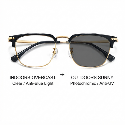 ✨ Photochromic Reading Eyewear – Square Browline Alloy Frame, Black/Gold, Outdoor Tint Shift + UV Shield