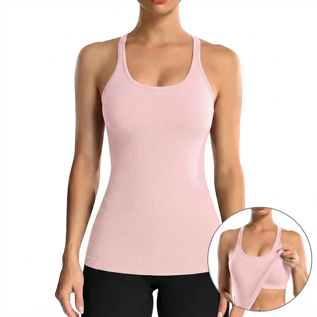 🏋️‍♀️ Women's Ribbed Workout Tank Top with Built-in Bra | Tight Racerback Scoop Neck Athletic Shirt