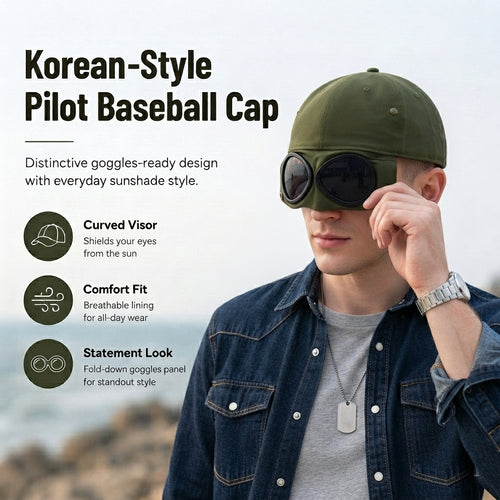 🧢 Korean-Style Pilot Cap – Curved Visor, Glasses-Ready