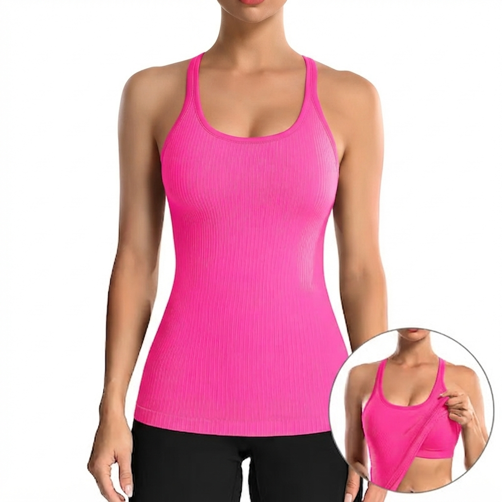 🏋️‍♀️ Women's Ribbed Workout Tank Top with Built-in Bra | Tight Racerback Scoop Neck Athletic Shirt