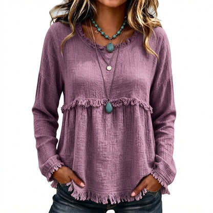 🌾Boho Fringe V-Neck Top – Flowy, Loose & Tassel Hem