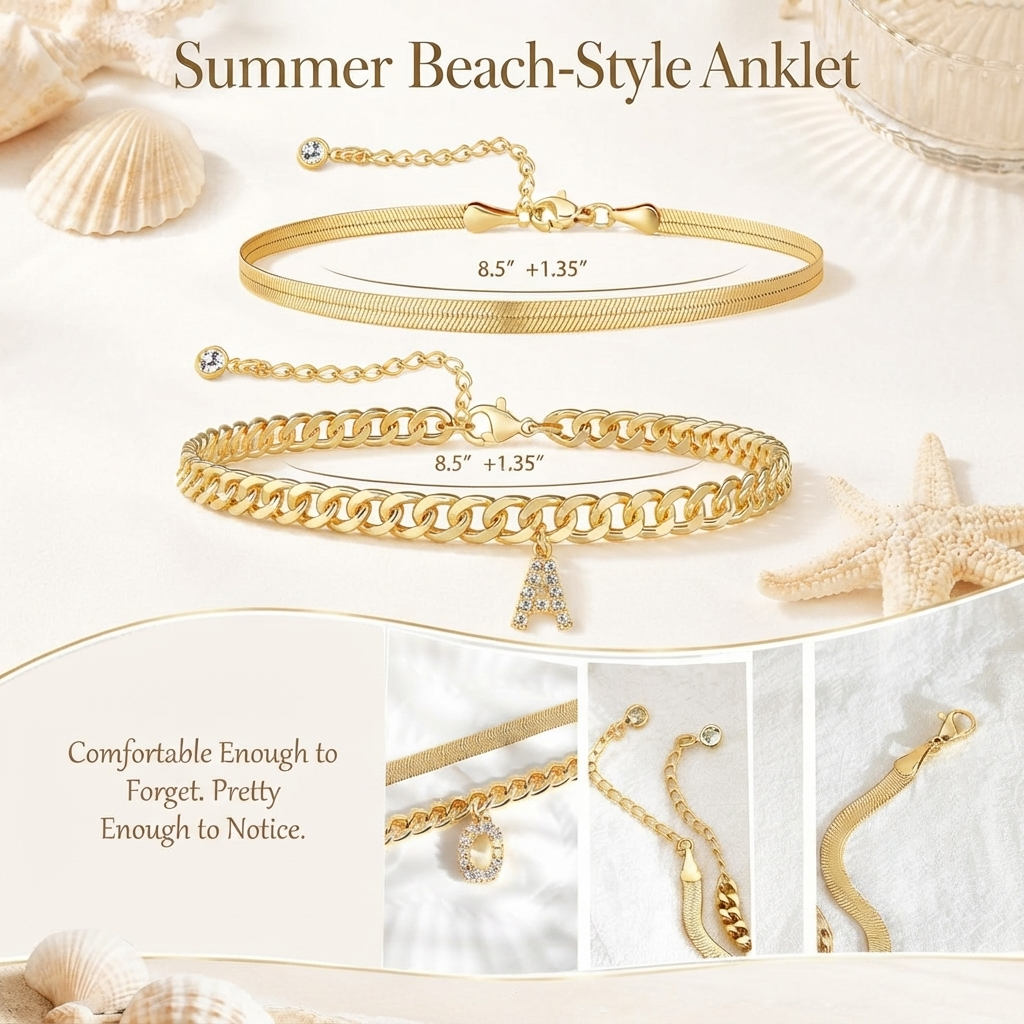 ✨ Gold Initial Anklet – 14K Gold Plated, Waterproof Adjustable Letter Pendant, Stackable Beach Jewelry
