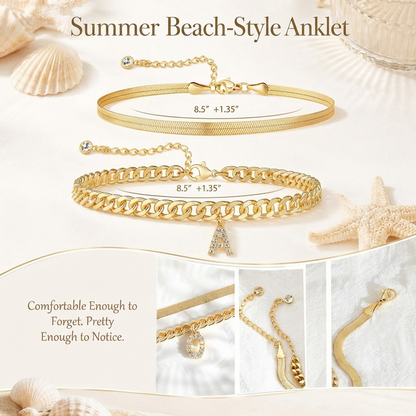 ✨ Gold Initial Anklet – 14K Gold Plated, Waterproof Adjustable Letter Pendant, Stackable Beach Jewelry