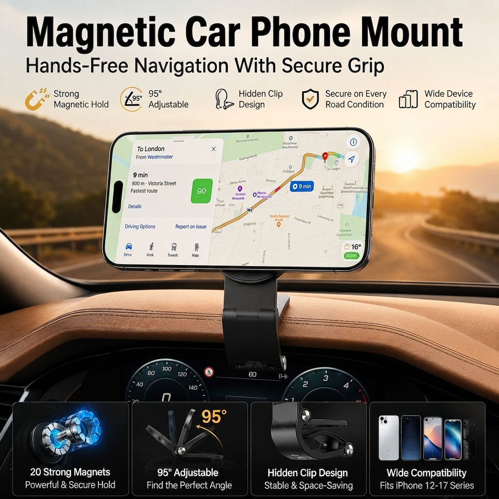 🧲 Magnetic Car Phone Mount – Hands-Free Clip, Fits All iPhones