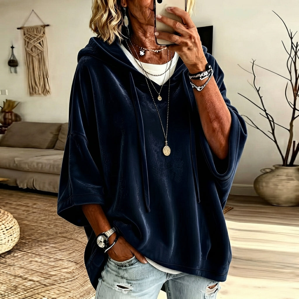 👗 Women's Minimalist Velour Hoodie – Loose Fit, 3/4 Sleeves, Soft Velvet Pullover for Fall & Winter