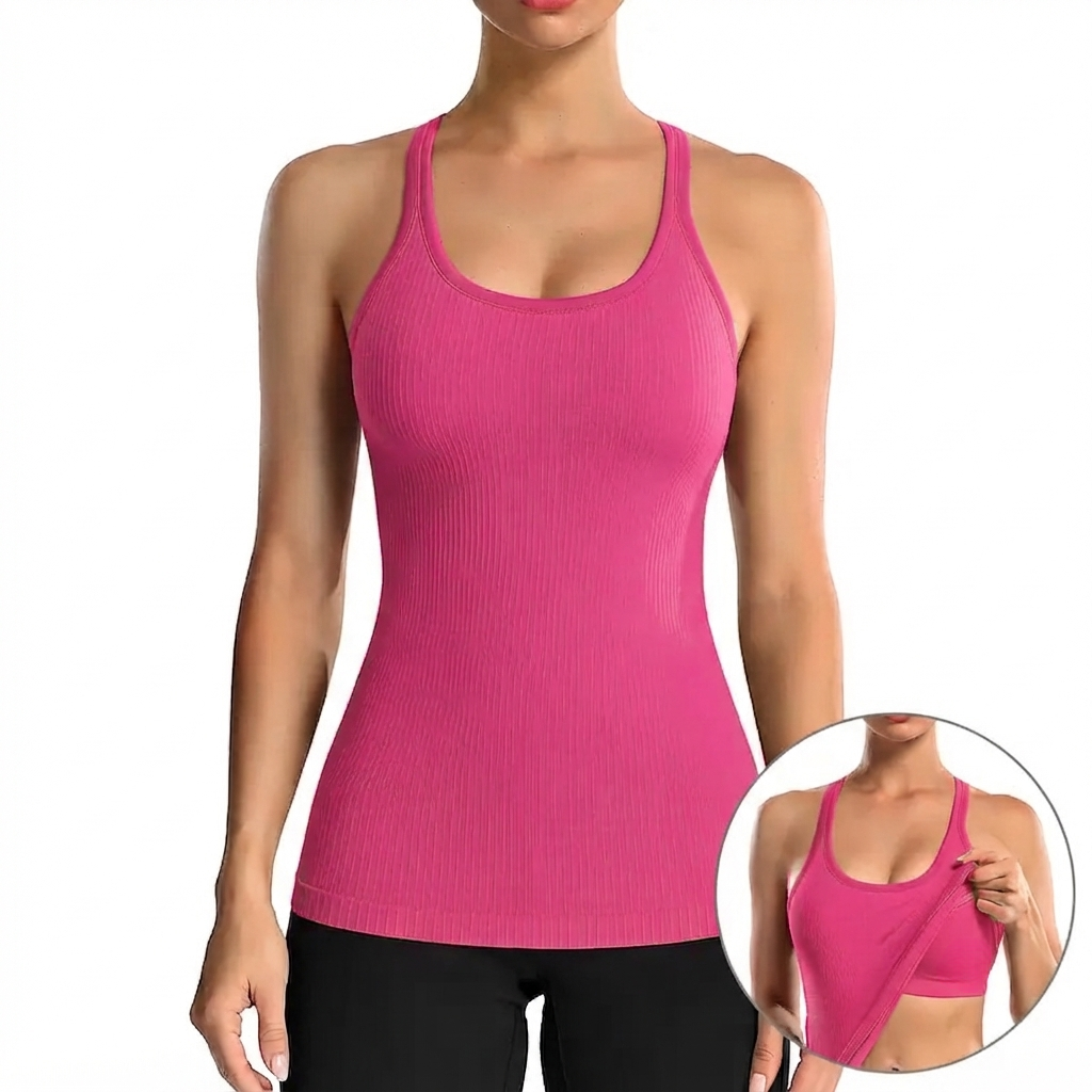 🏋️‍♀️ Women's Ribbed Workout Tank Top with Built-in Bra | Tight Racerback Scoop Neck Athletic Shirt