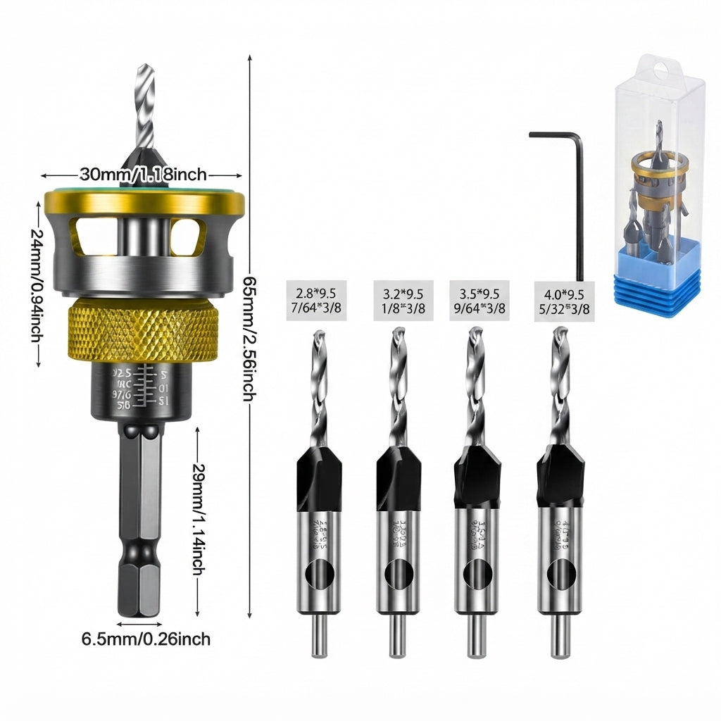 ⚙️ Precision Countersink Drill Bit Set – M2 HSS, 4PCS, Depth-Adjustable, Wood/Plastic Ready
