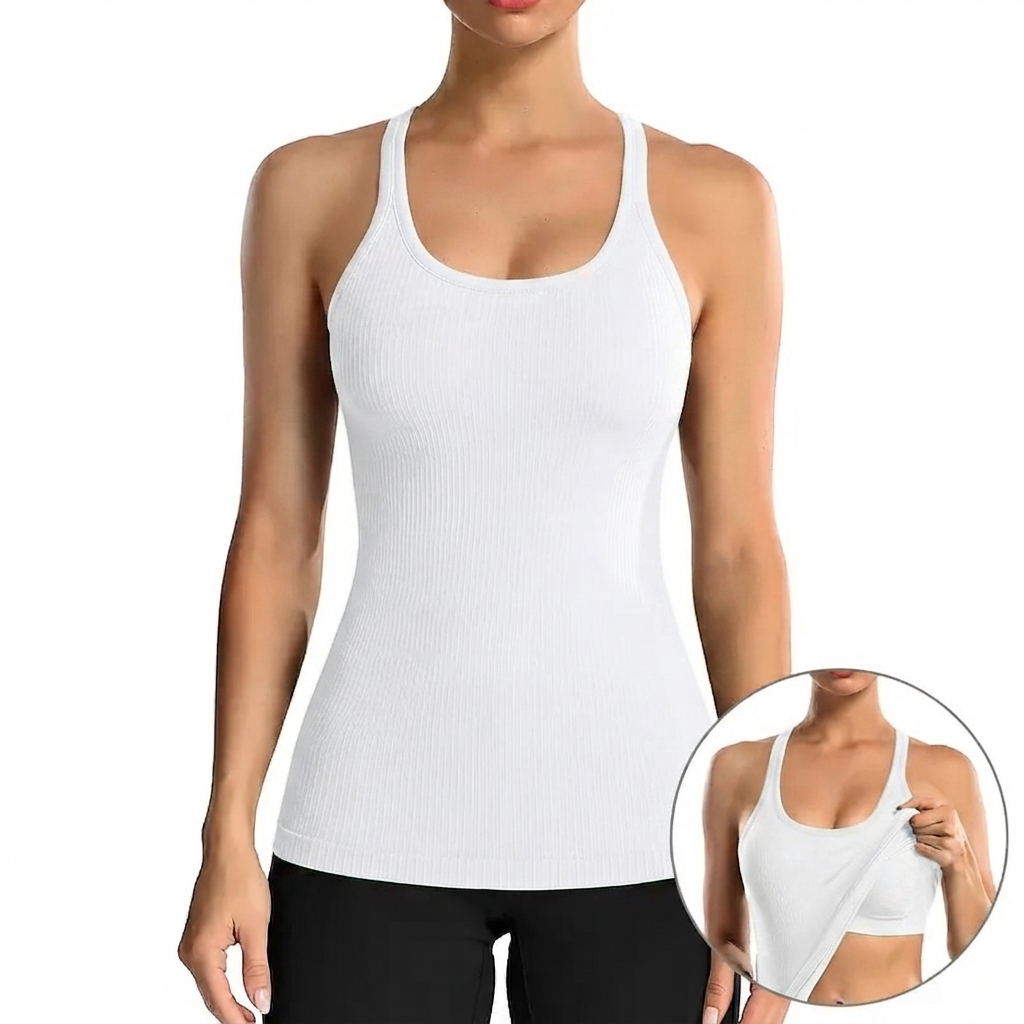 🏋️‍♀️ Women's Ribbed Workout Tank Top with Built-in Bra | Tight Racerback Scoop Neck Athletic Shirt
