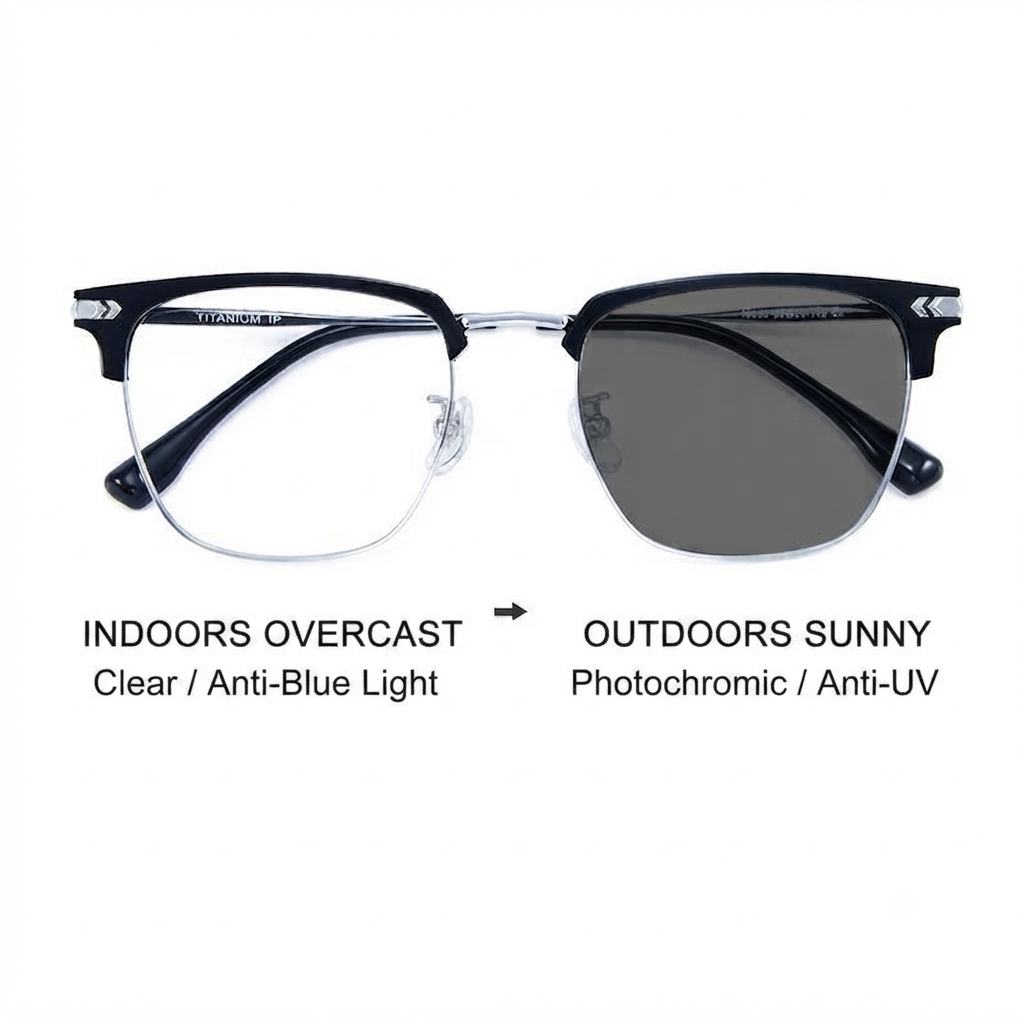 ✨ Photochromic Reading Eyewear – Square Browline Alloy Frame, Black/Gold, Outdoor Tint Shift + UV Shield