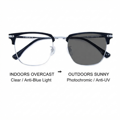 ✨ Photochromic Reading Eyewear – Square Browline Alloy Frame, Black/Gold, Outdoor Tint Shift + UV Shield