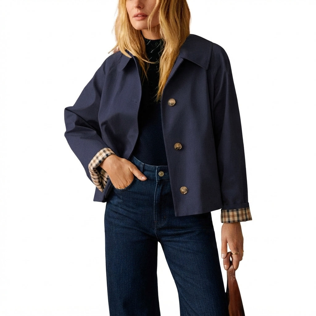 🧥 Classic Collar Cropped Jacket – Checkered Lining, Breezy Summer Style
