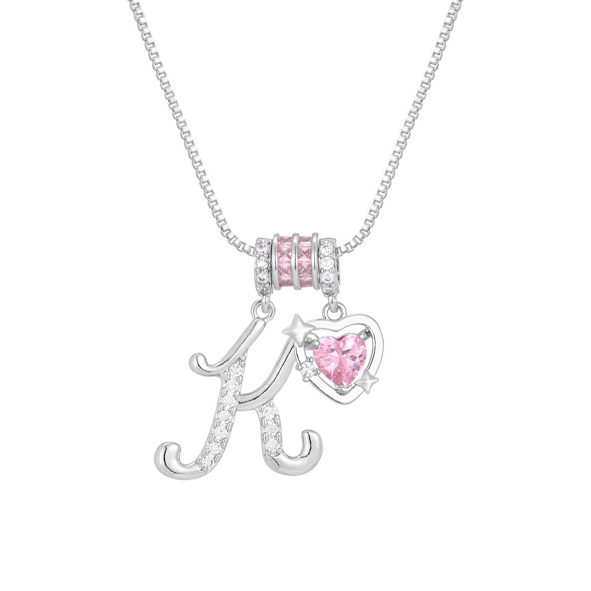 🌸 Dainty 3-Layer Initial Necklace – Silver-Plated Choker with Blush Pink CZ Charm