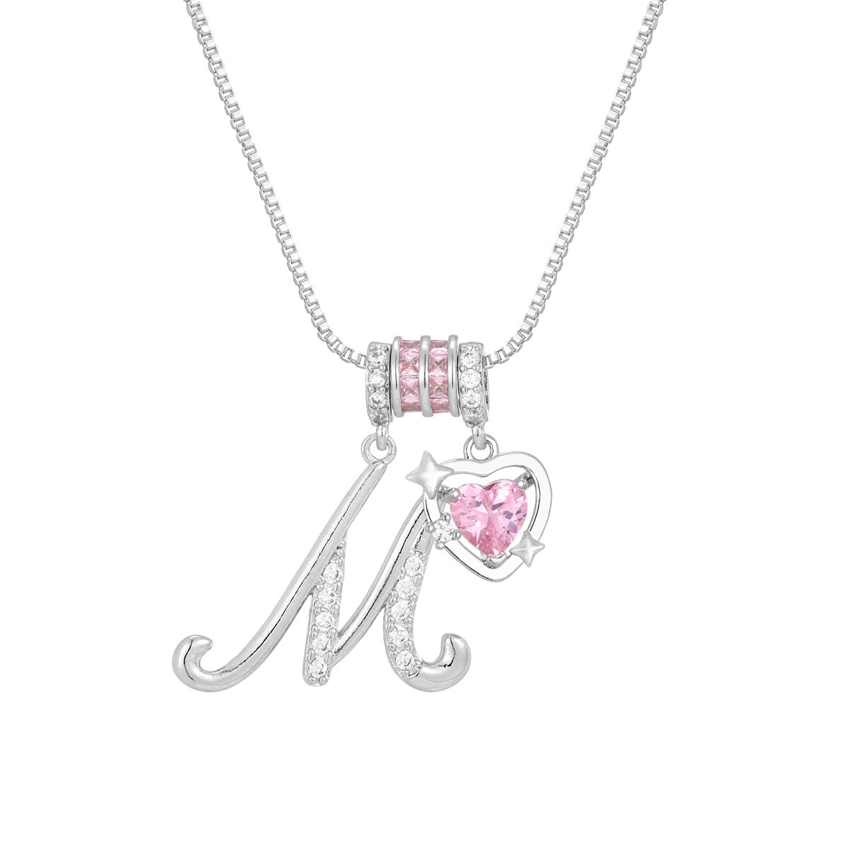 🌸 Dainty 3-Layer Initial Necklace – Silver-Plated Choker with Blush Pink CZ Charm