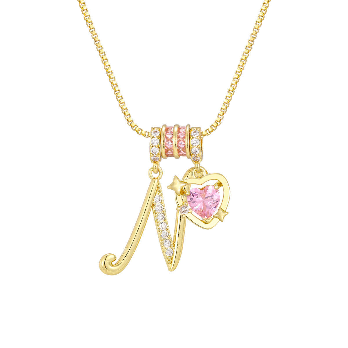 🌸 Dainty 3-Layer Initial Necklace – Silver-Plated Choker with Blush Pink CZ Charm