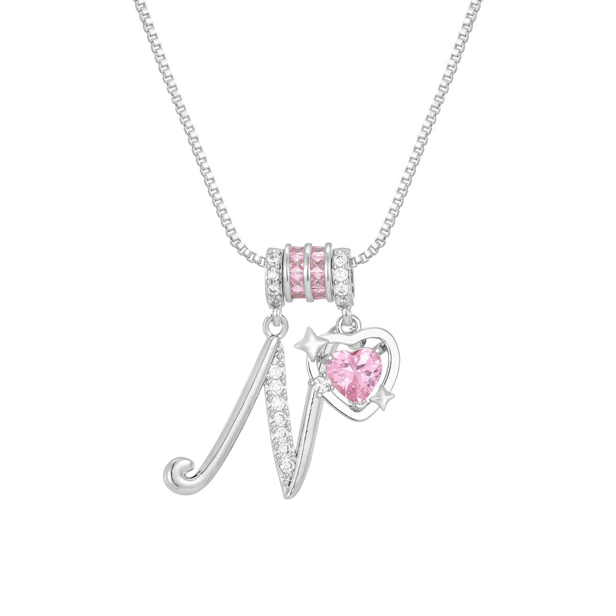 🌸 Dainty 3-Layer Initial Necklace – Silver-Plated Choker with Blush Pink CZ Charm