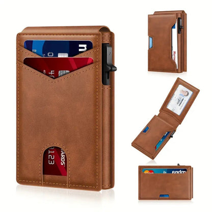 Wallet for Men - Pop Up Case, Cash Slot, and Credit Card Slot - Aluminum Wallet with RFID Blocking, Minimalist Leather Wallet Front Pocket with ID Window