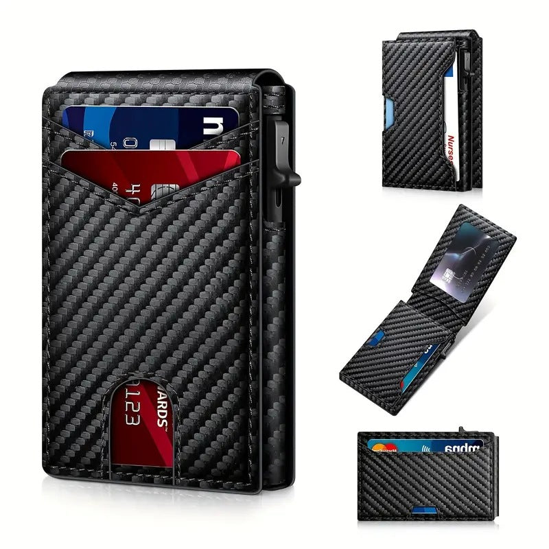 Wallet for Men - Pop Up Case, Cash Slot, and Credit Card Slot - Aluminum Wallet with RFID Blocking, Minimalist Leather Wallet Front Pocket with ID Window