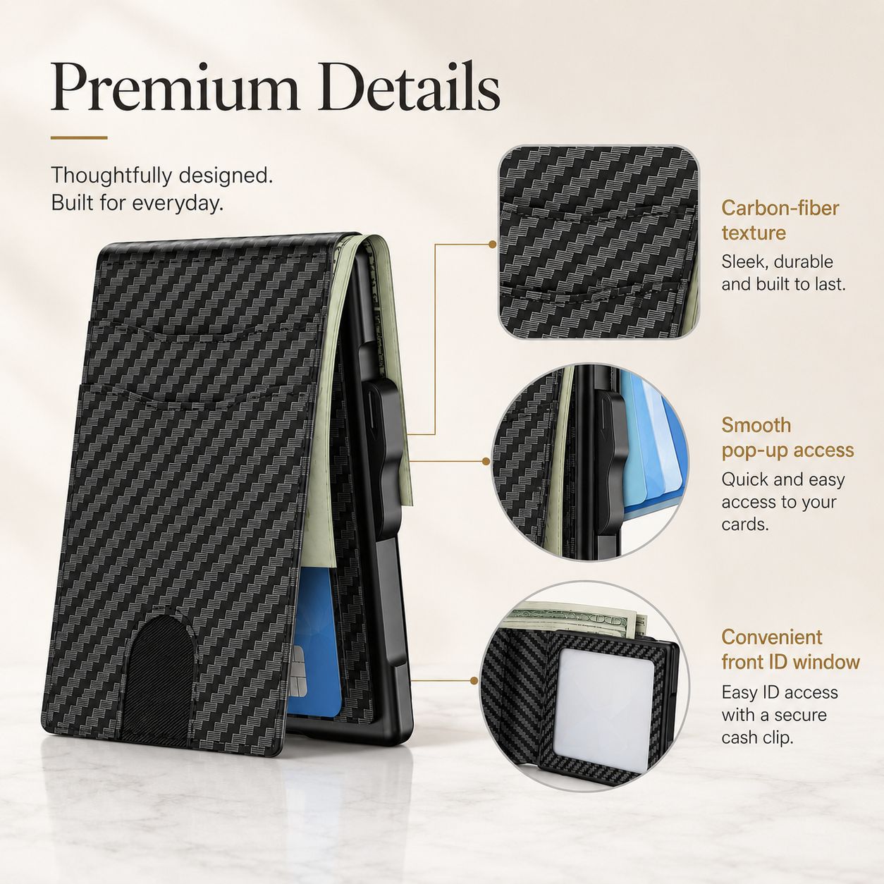 Wallet for Men - Pop Up Case, Cash Slot, and Credit Card Slot - Aluminum Wallet with RFID Blocking, Minimalist Leather Wallet Front Pocket with ID Window