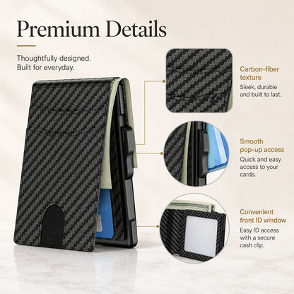 Wallet for Men - Pop Up Case, Cash Slot, and Credit Card Slot - Aluminum Wallet with RFID Blocking, Minimalist Leather Wallet Front Pocket with ID Window