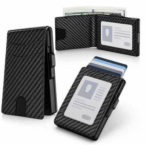 Wallet for Men - Pop Up Case, Cash Slot, and Credit Card Slot - Aluminum Wallet with RFID Blocking, Minimalist Leather Wallet Front Pocket with ID Window