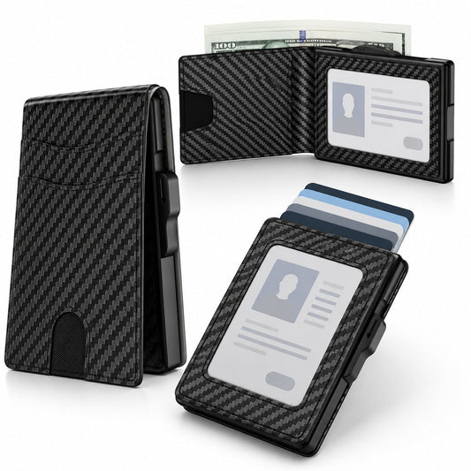 Wallet for Men - Pop Up Case, Cash Slot, and Credit Card Slot - Aluminum Wallet with RFID Blocking, Minimalist Leather Wallet Front Pocket with ID Window