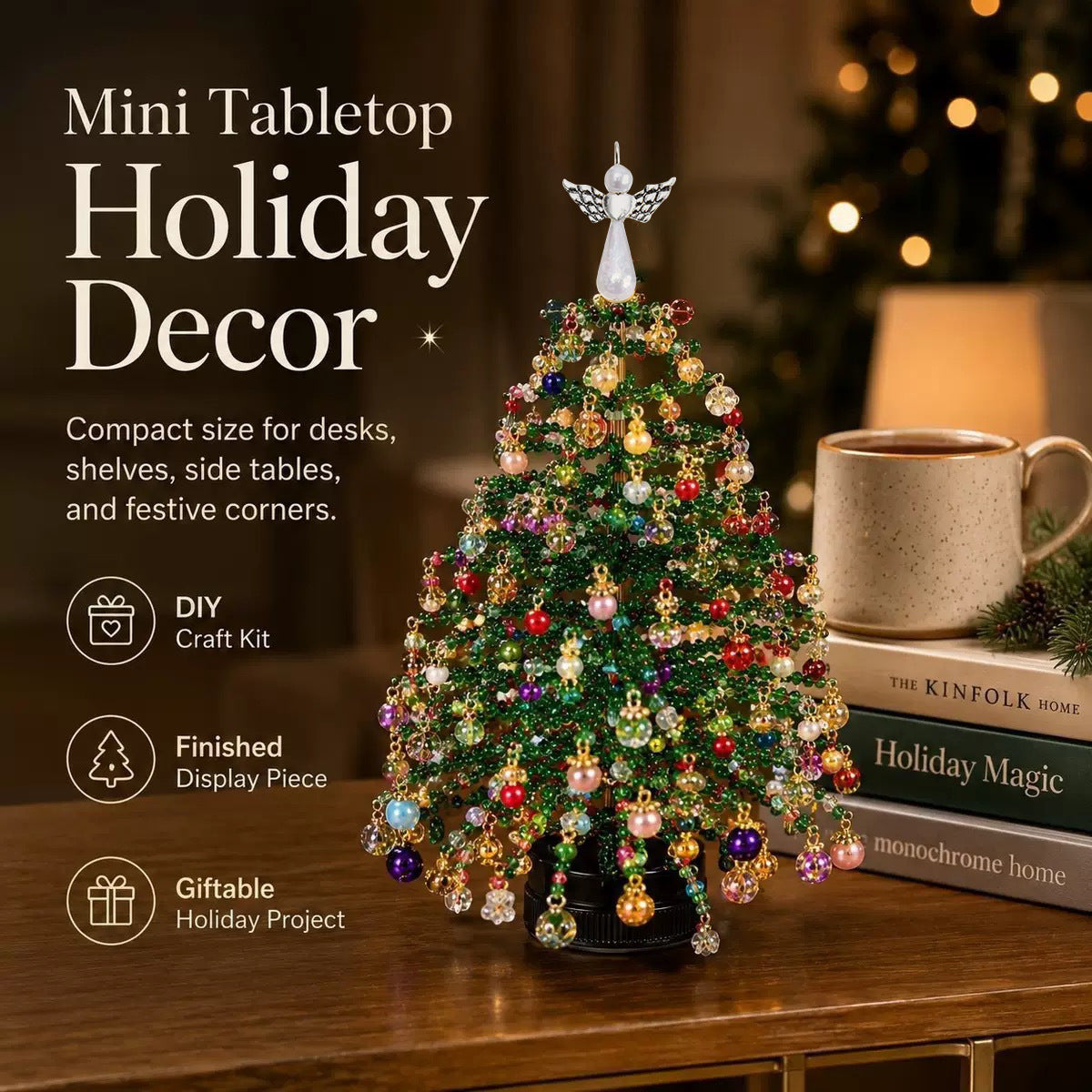 🎄 DIY Beaded Christmas Tree Kit – Mini Crystal Beads, Angel Topper & Base, Fun Holiday Craft Set