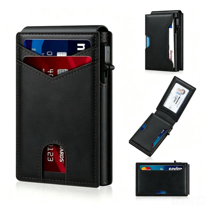 Wallet for Men - Pop Up Case, Cash Slot, and Credit Card Slot - Aluminum Wallet with RFID Blocking, Minimalist Leather Wallet Front Pocket with ID Window