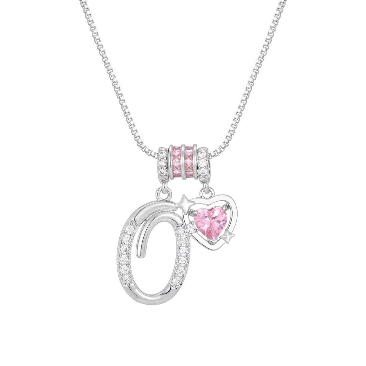 🌸 Dainty 3-Layer Initial Necklace – Silver-Plated Choker with Blush Pink CZ Charm