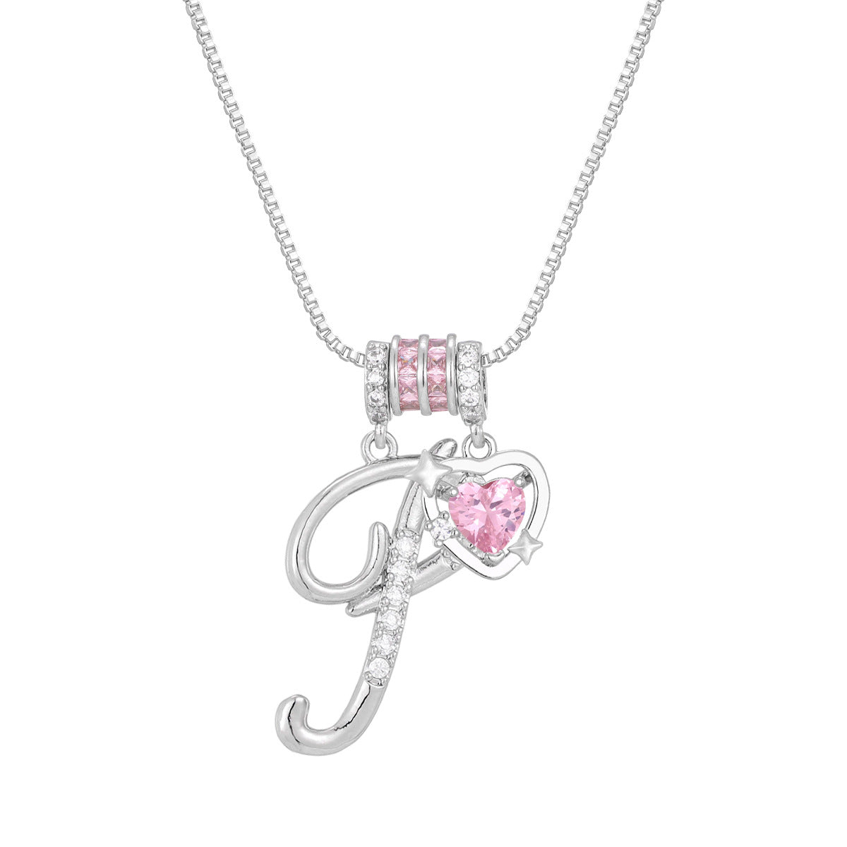 🌸 Dainty 3-Layer Initial Necklace – Silver-Plated Choker with Blush Pink CZ Charm