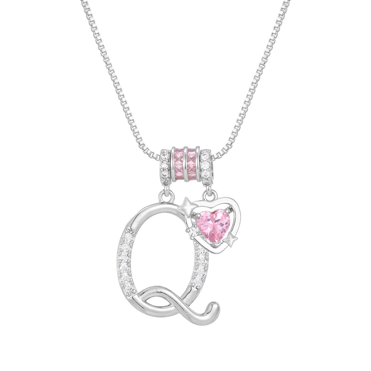 🌸 Dainty 3-Layer Initial Necklace – Silver-Plated Choker with Blush Pink CZ Charm