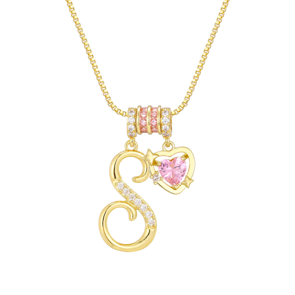 🌸 Dainty 3-Layer Initial Necklace – Silver-Plated Choker with Blush Pink CZ Charm