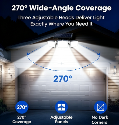 Solar Security Lights, 3-Heads Dimmable IP65 Waterproof