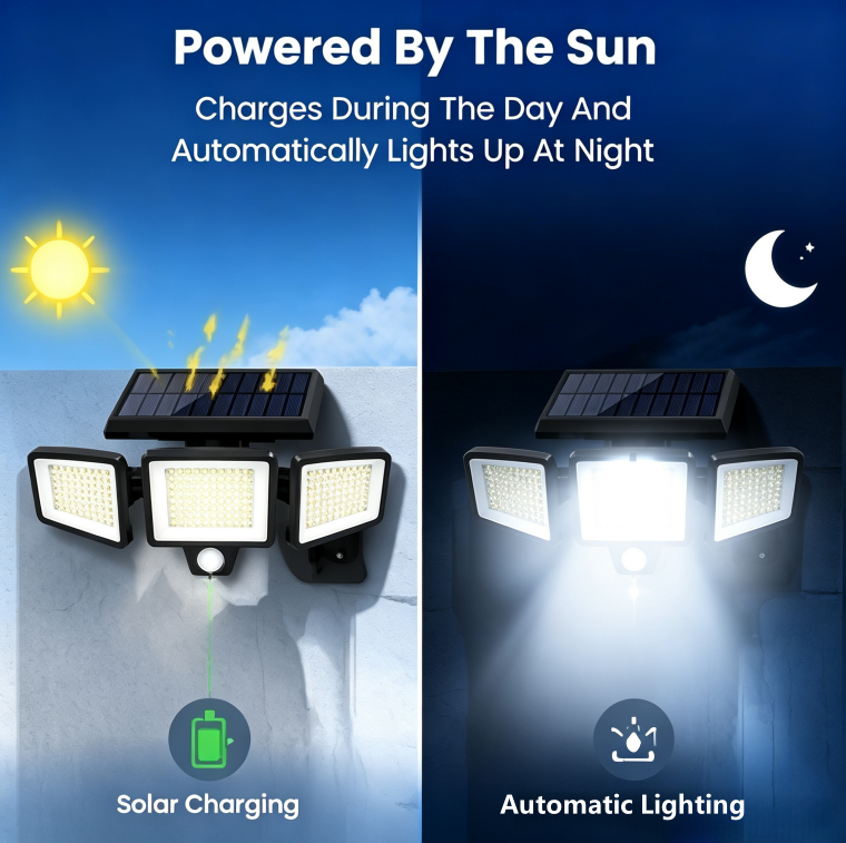 Solar Security Lights, 3-Heads Dimmable IP65 Waterproof