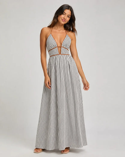 Women’s French Striped Halter Maxi Dress – Deep V-Neck Summer Vacation Dress