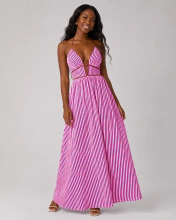 Women’s French Striped Halter Maxi Dress – Deep V-Neck Summer Vacation Dress