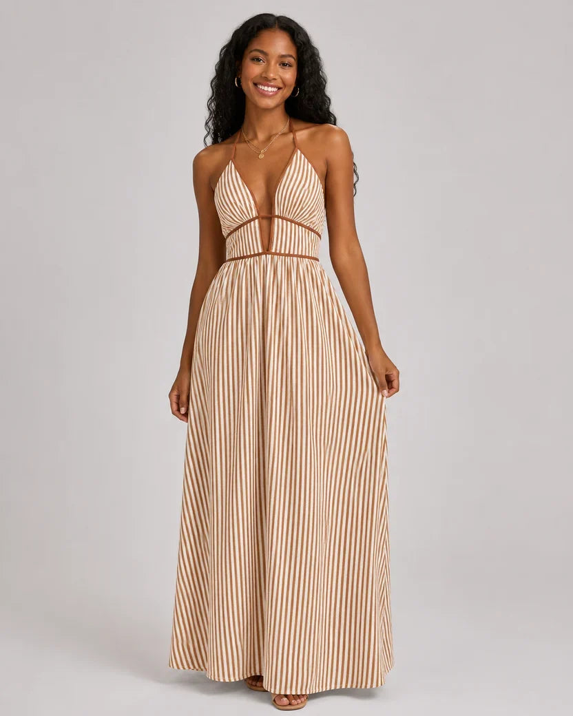 Women’s French Striped Halter Maxi Dress – Deep V-Neck Summer Vacation Dress