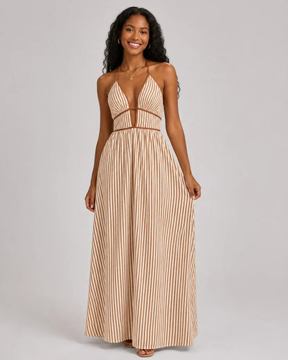 Women’s French Striped Halter Maxi Dress – Deep V-Neck Summer Vacation Dress