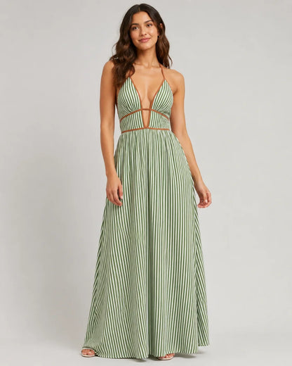 Women’s French Striped Halter Maxi Dress – Deep V-Neck Summer Vacation Dress