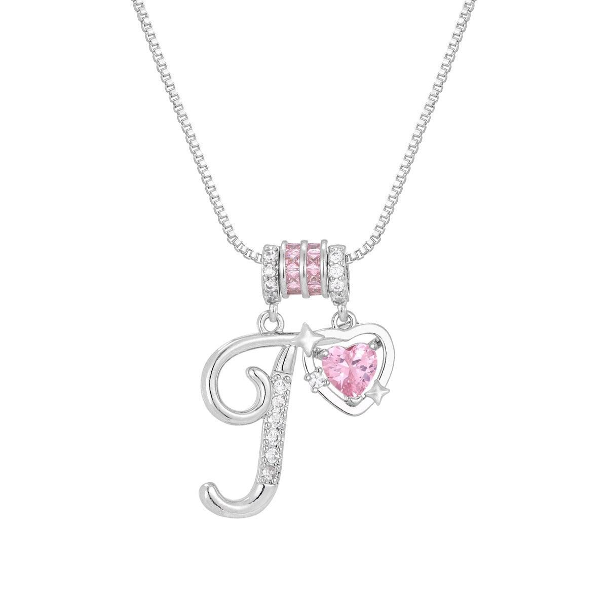 🌸 Dainty 3-Layer Initial Necklace – Silver-Plated Choker with Blush Pink CZ Charm