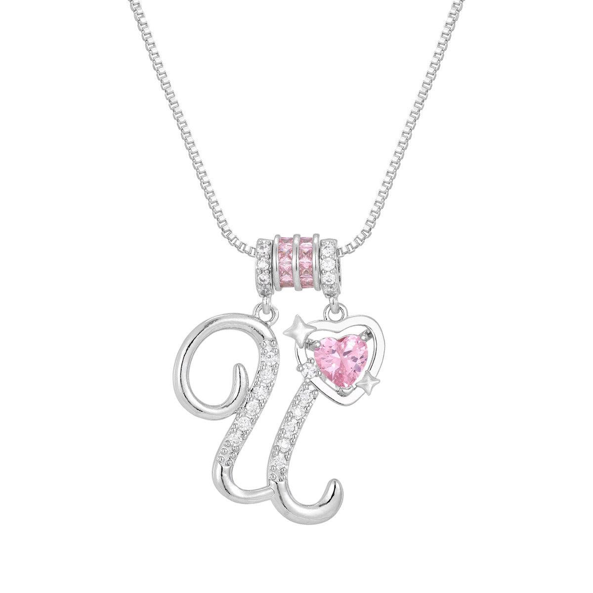 🌸 Dainty 3-Layer Initial Necklace – Silver-Plated Choker with Blush Pink CZ Charm
