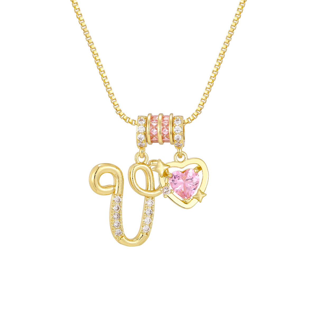 🌸 Dainty 3-Layer Initial Necklace – Silver-Plated Choker with Blush Pink CZ Charm